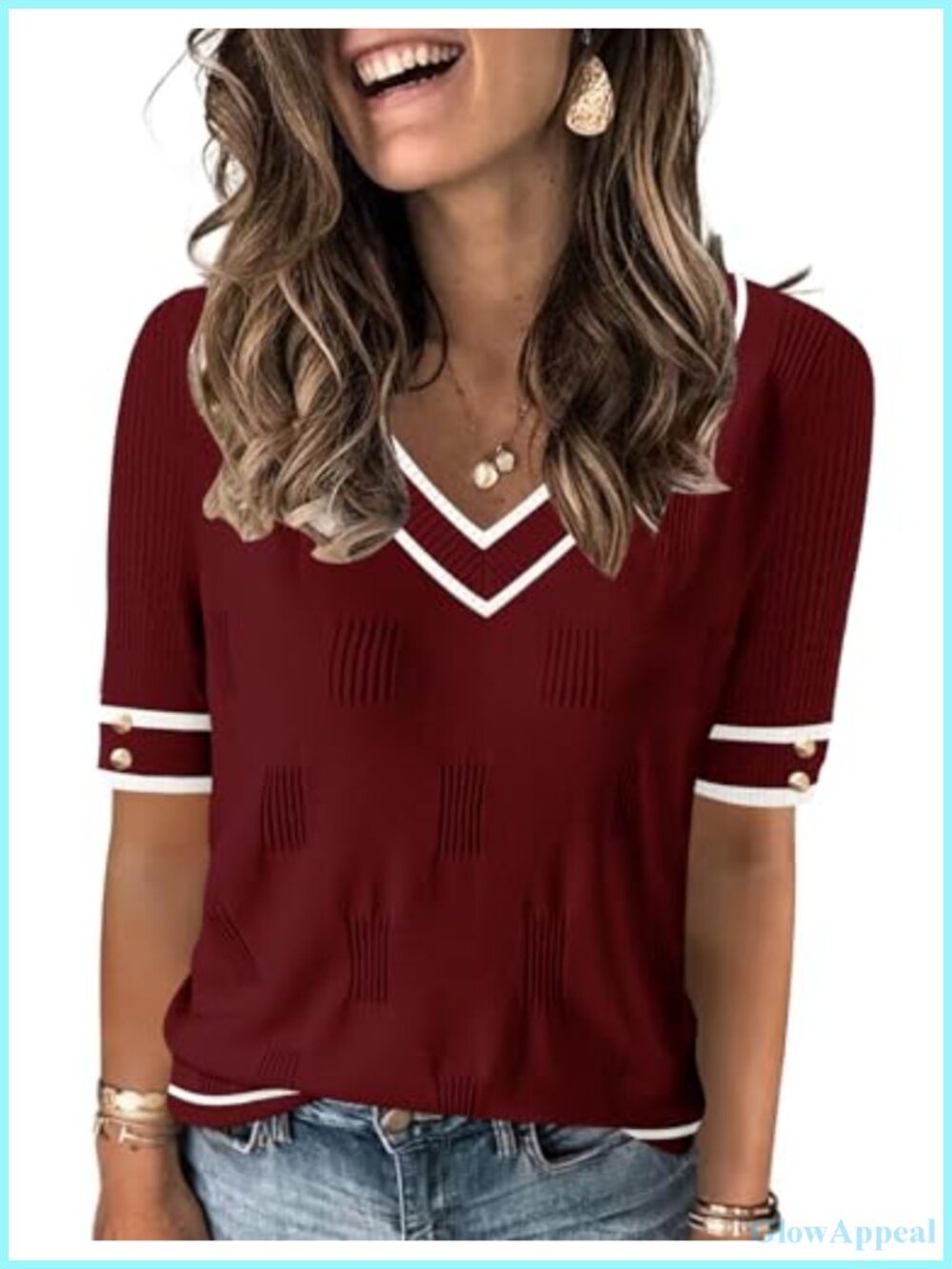 Womens V Neck Sweater Short Sleeve Lightweight Knit Buttons